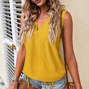 New Surplice Neck Knot Hem Sleeveless Blouse Yellow 226